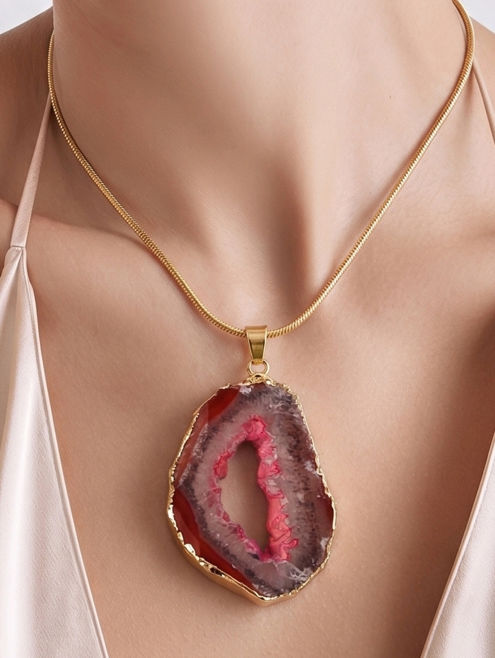 Red Agate Slice Pendant Necklace Gold Druzy Natural Earth Tone Statement Jewelry